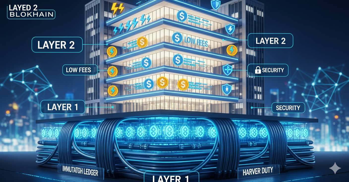 A futuristic building representing blockchain layers. The "Layer 1" foundation shows secure, intricate wiring, while "Layer 2" floors above highlight benefits like "LOW FEES" and "SECURITY" with dollar signs and lightning bolts, illustrating enhanced scalability and efficiency.