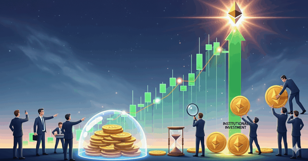 An illustration depicting a strong bullish trend for Ethereum, with businessmen observing an upward-sloping candlestick chart culminating in a shining Ethereum logo. Elements like "INSTITUTIONAL INVESTMENT" and stacks of coins under a protective dome symbolize growth and security.