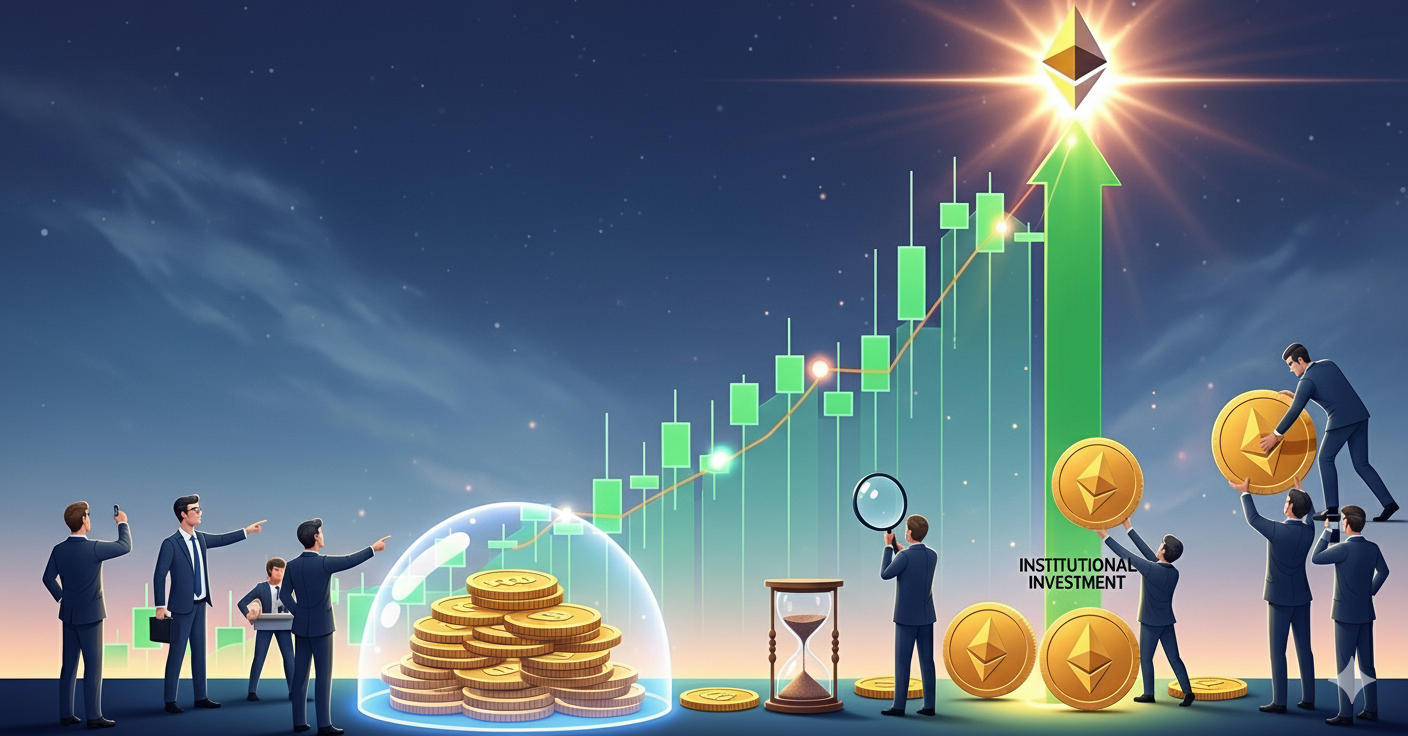 An illustration depicting a strong bullish trend for Ethereum, with businessmen observing an upward-sloping candlestick chart culminating in a shining Ethereum logo. Elements like "INSTITUTIONAL INVESTMENT" and stacks of coins under a protective dome symbolize growth and security.