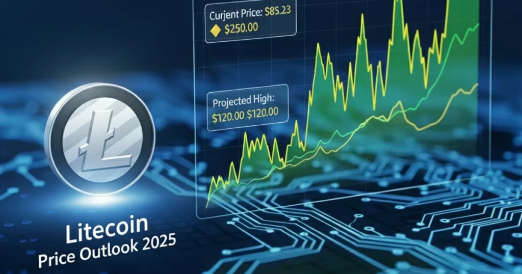 A Litecoin silver coin is shown next to a futuristic, transparent digital display showing a green and yellow line graph with an upward trend. The graph indicates "Current Price: $85.23" and "Projected High: $120.00." The background is a dark blue circuit board pattern, and the text "Litecoin Price Outlook 2025" is prominently displayed below the coin.