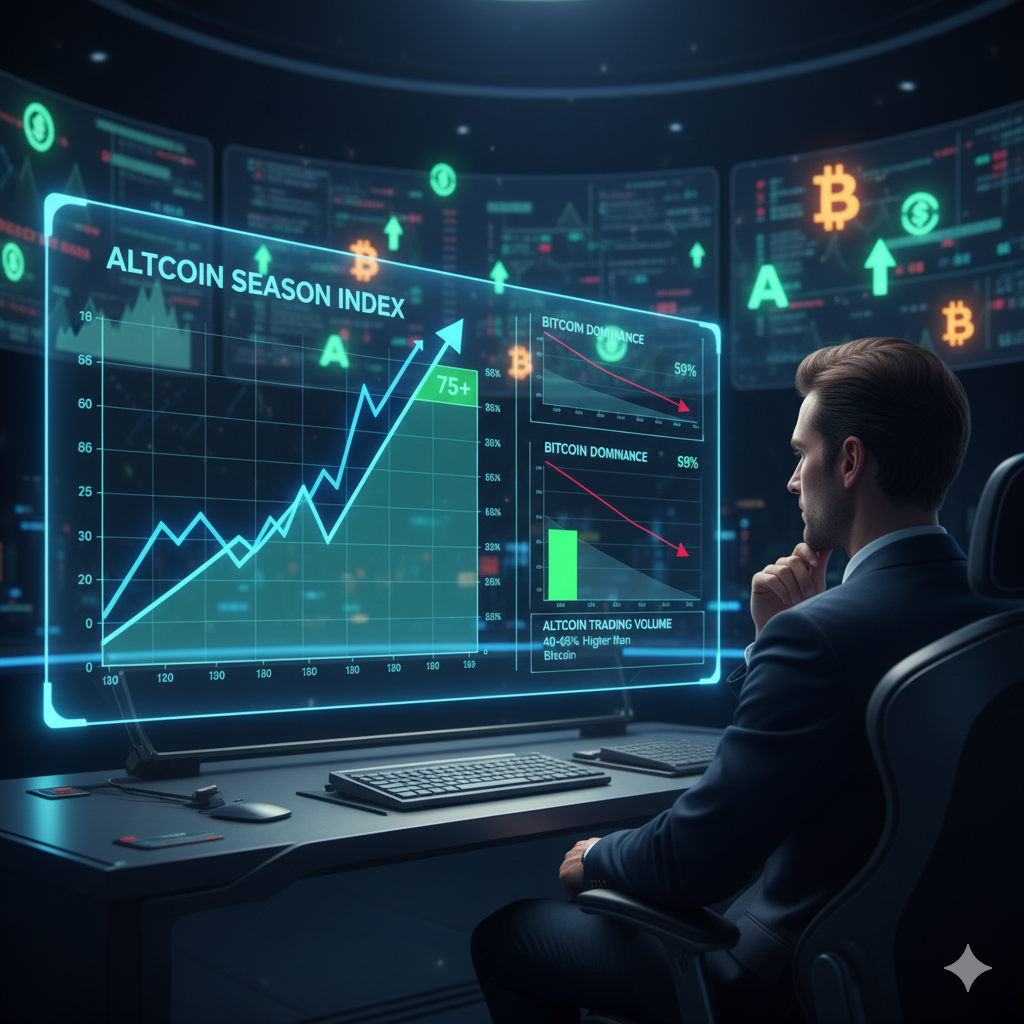 A man in a suit is seated at a futuristic desk, intently looking at a large, holographic screen displaying financial data. The main chart on the screen is labeled "ALTCOIN SEASON INDEX" and shows an upward-trending line entering a bright green "75+" zone. To the right, smaller charts indicate "BITCOIN DOMINANCE" trending downwards. The surrounding environment is a dark control room with multiple glowing screens in the background, showing various cryptocurrency symbols and data, suggesting a deep analysis of market trends.
