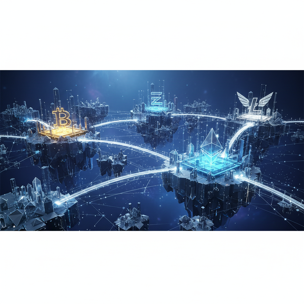 Futuristic editorial image of glowing digital islands representing blockchain networks, connected by bright white light bridges, with subtle gold Bitcoin, blue Ethereum, and silver winged Litecoin symbols visible against a dark, high-contrast background.