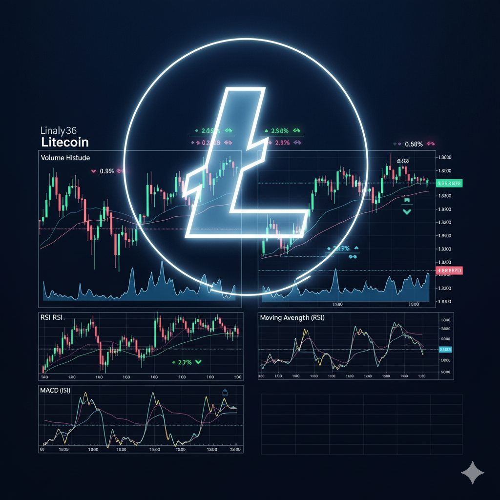 A digital image displaying a glowing white Litecoin (LTC) logo superimposed over multiple cryptocurrency trading charts and technical indicators. The charts show price movements, volume histograms, RSI (Relative Strength Index), and MACD (Moving Average Convergence Divergence) data, all presented in a dark, analytical interface with green and red indicators. The overall composition highlights the detailed technical analysis discussed in the article.