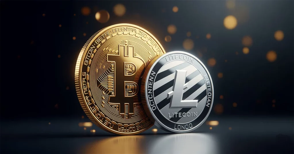 A 3D illustration shows a large, gleaming gold coin with the Bitcoin logo on the left, representing "digital gold." Next to it is a slightly smaller, polished silver coin with the Litecoin logo, representing "digital silver." The background is dark, with soft, blurry lights, emphasizing the metallic coins and their symbolic relationship.
