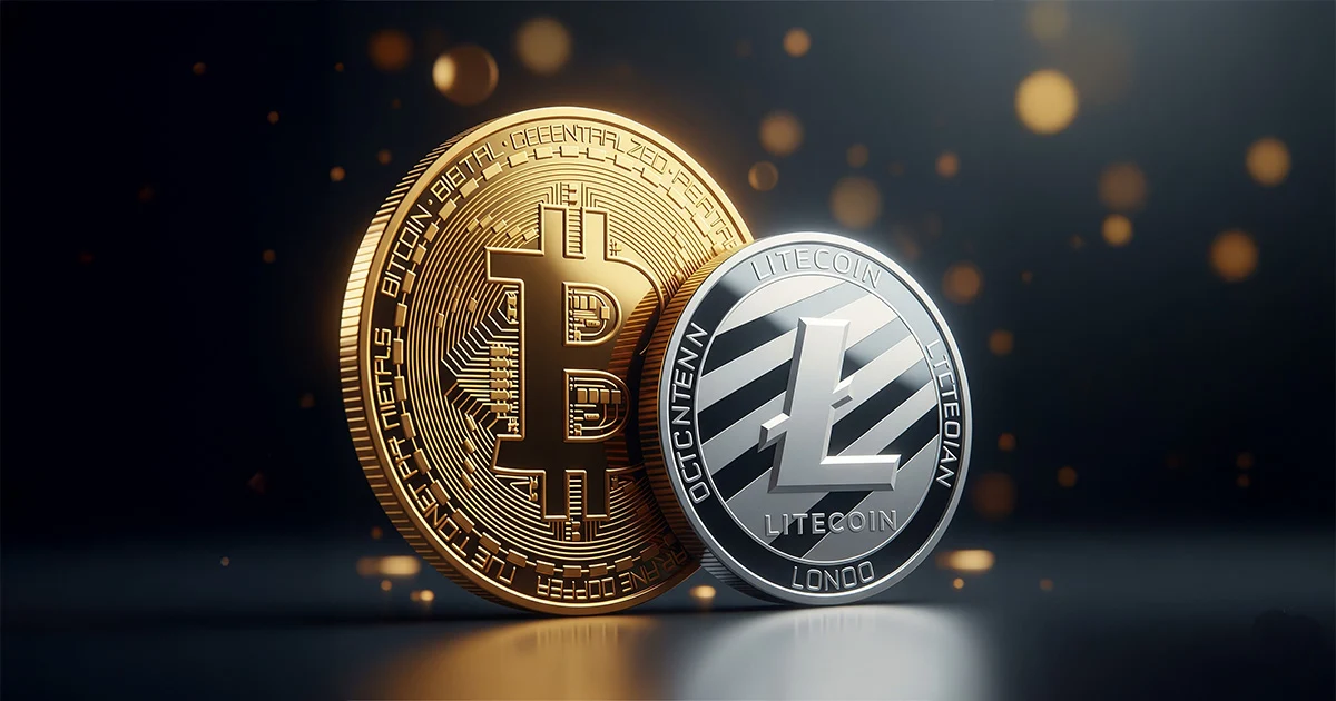 A 3D illustration shows a large, gleaming gold coin with the Bitcoin logo on the left, representing "digital gold." Next to it is a slightly smaller, polished silver coin with the Litecoin logo, representing "digital silver." The background is dark, with soft, blurry lights, emphasizing the metallic coins and their symbolic relationship.