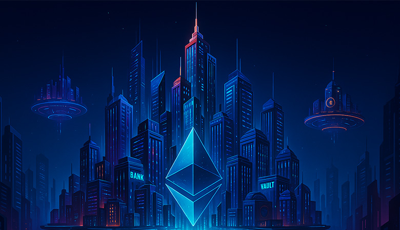 Futuristic Ethereum city symbolizing its dominance in decentralized finance.