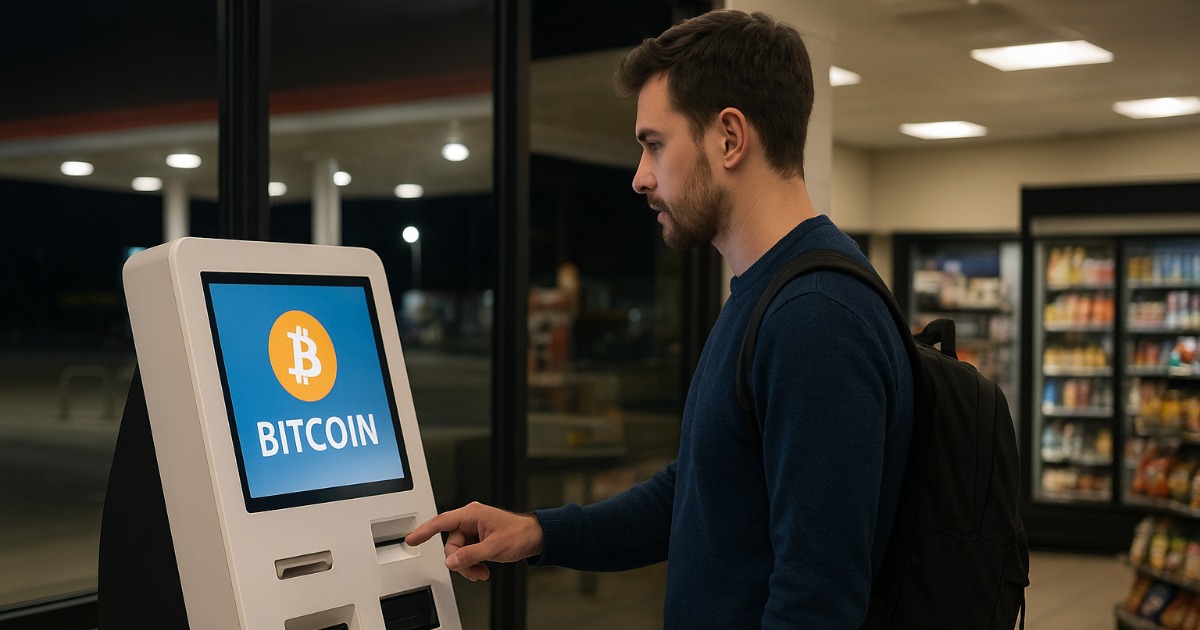 Person using a 24-hour Bitcoin ATM at a well-lit gas station at night.