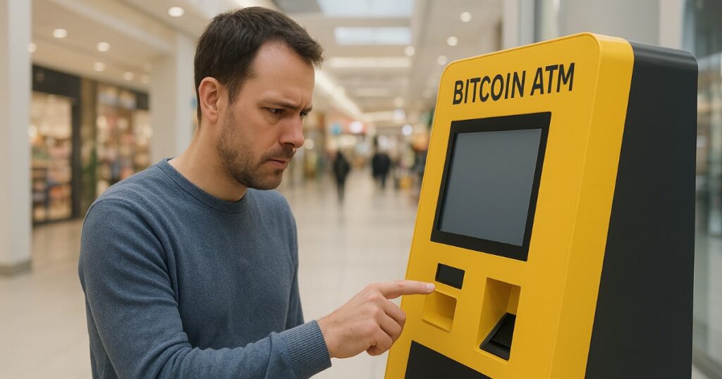 A person carefully reading warnings on a Bitcoin ATM screen to avoid cryptocurrency fraud.