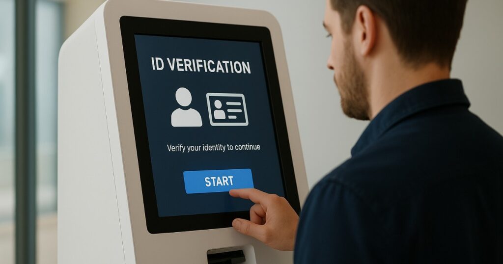 Person verifying identity at a Bitcoin ATM in the U.S. as part of Bitcoin ATM ID verification process.