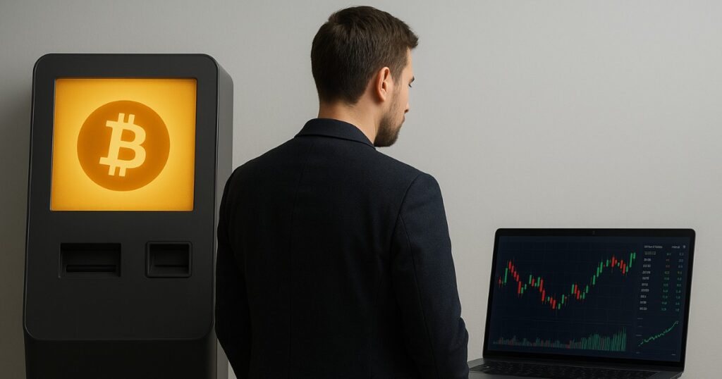 Person comparing a Bitcoin ATM and an online cryptocurrency exchange on a laptop.