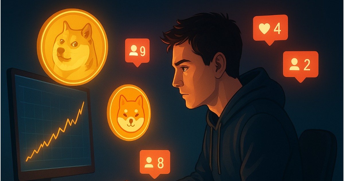 Trader surrounded by digital meme coin symbols and social media icons representing FOMO and emotional decision-making in cryptocurrency investing.