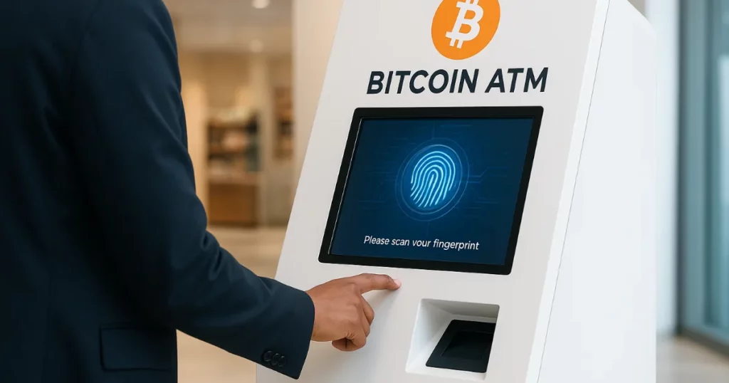 Person confidently using a secure Bitcoin ATM in a bright, modern location, representing debunked Bitcoin ATM myths.