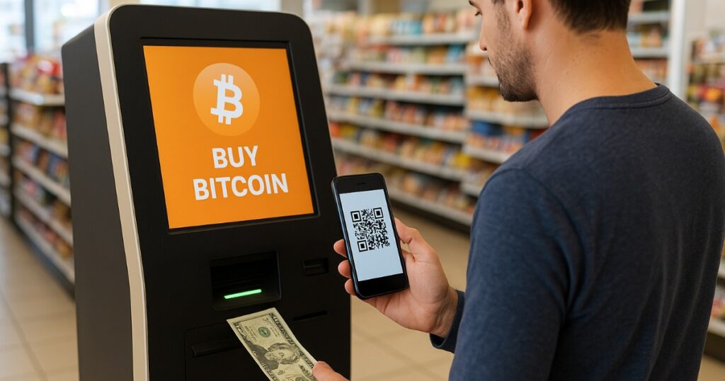 Person using a Bitcoin ATM with a smartphone wallet app, inserting cash to buy cryptocurrency.