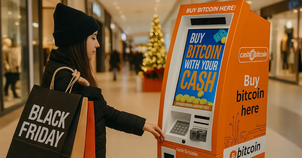 Shopper using a Bitcoin ATM during Black Friday in a mall environment.