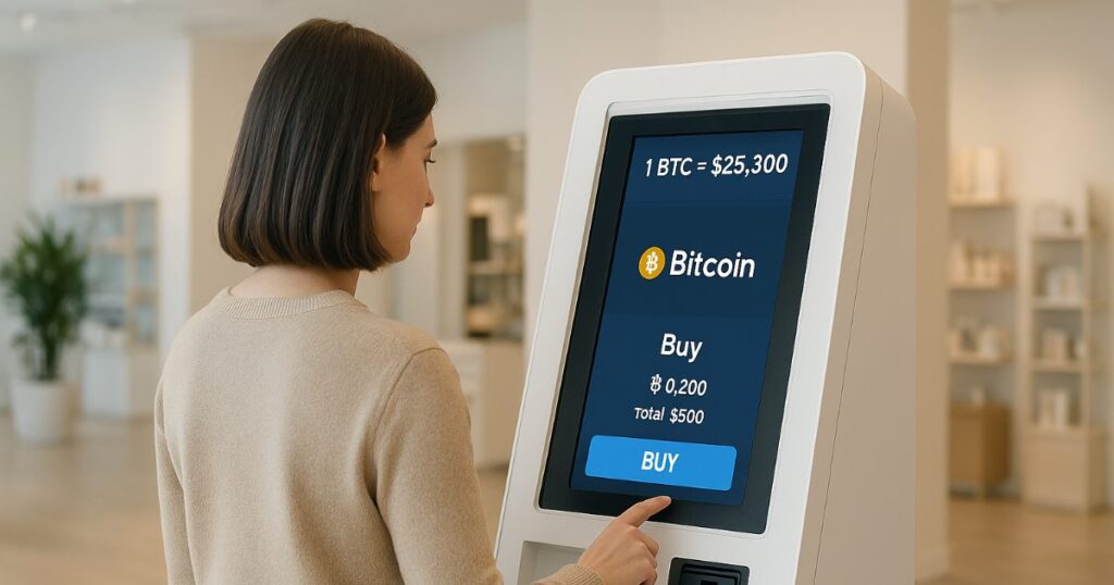 “Person reviewing Bitcoin ATM rates on a digital screen before making a purchase.”