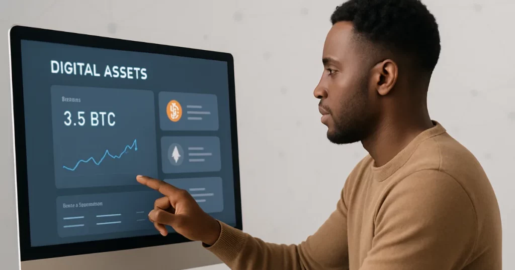 Person managing decentralized digital assets representing bitcoin financial freedom.