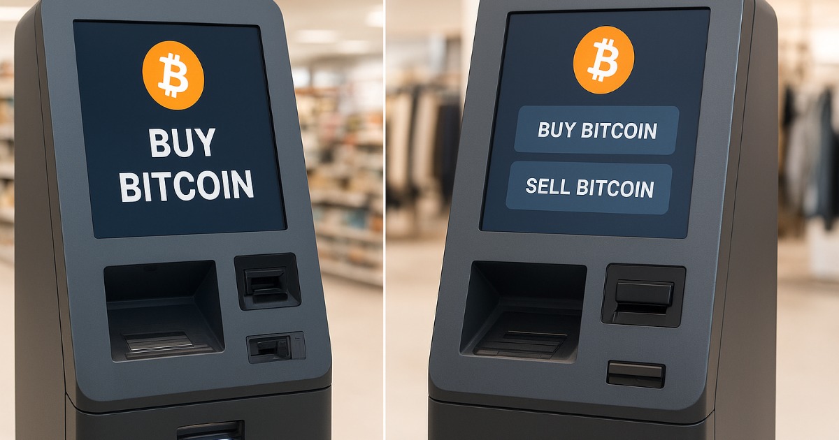 Side-by-side Bitcoin ATMs showing buy-only and buy/sell transaction options in a retail setting.