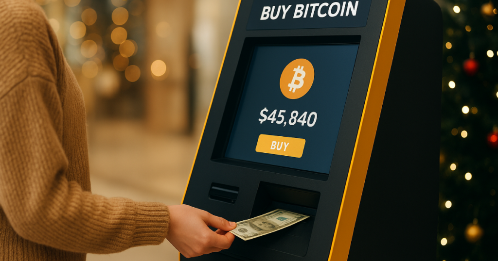 Person buying Bitcoin at a Bitcoin ATM as a holiday gift using cash.