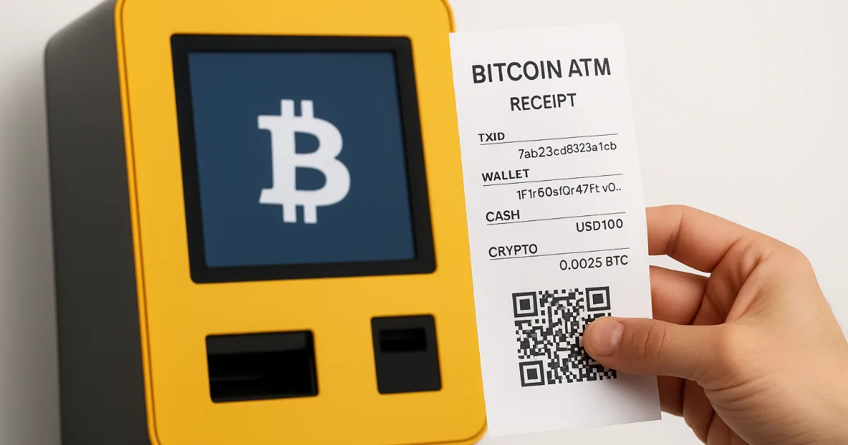 Person reviewing a Bitcoin ATM receipt after making a transaction, illustrating how a bitcoin atm receipt works.