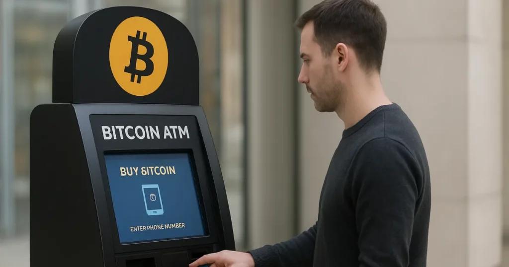 “Person using a Bitcoin ATM, illustrating common bitcoin atm problems and troubleshooting steps.”